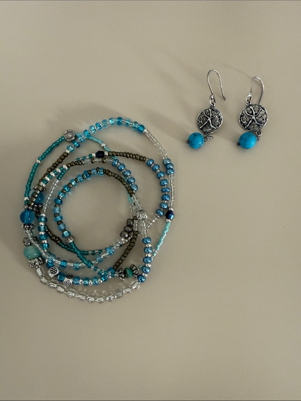 Turquoise Beaded Wrap Bracelet and Drop Earrings Set